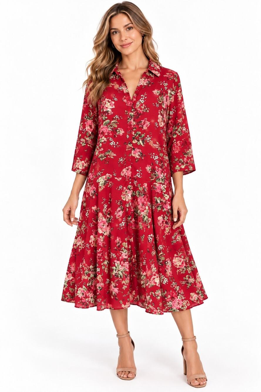 April Cornell Red Floral Midi Dress Large